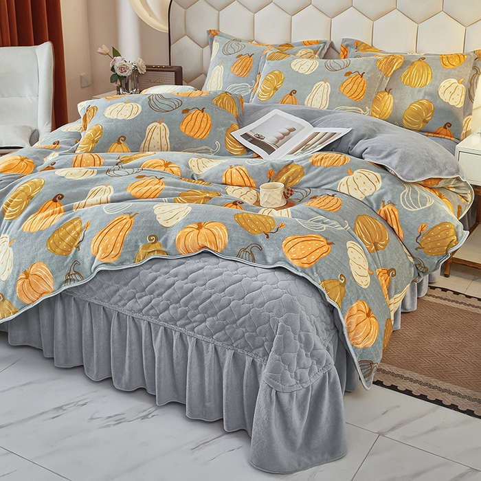 91家纺网 家纺一手货源 找家纺 凤杰家纺 2025新款高克重210克牛奶绒床盖四件套 富贵南瓜