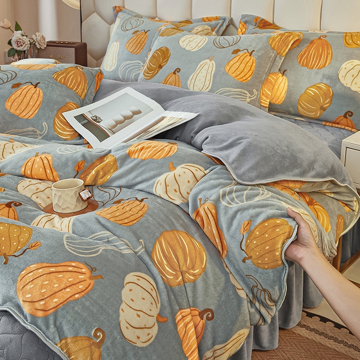 91家纺网 家纺一手货源 找家纺 凤杰家纺 2025新款高克重210克牛奶绒床盖四件套 富贵南瓜