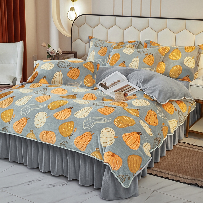 91家纺网 家纺一手货源 找家纺 凤杰家纺 2025新款高克重210克牛奶绒床盖四件套 富贵南瓜