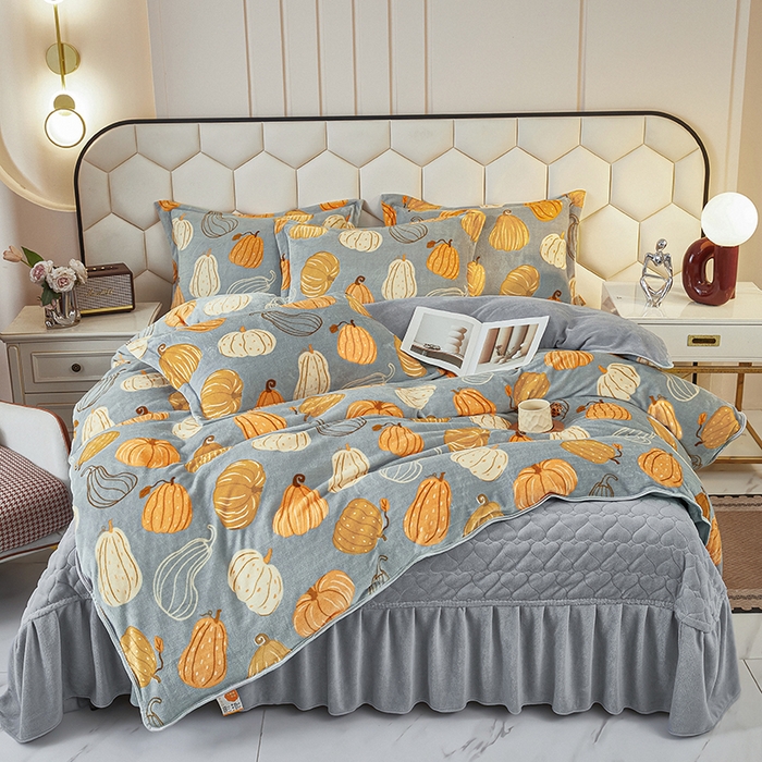 91家纺网 家纺一手货源 找家纺 凤杰家纺 2025新款高克重210克牛奶绒床盖四件套 富贵南瓜