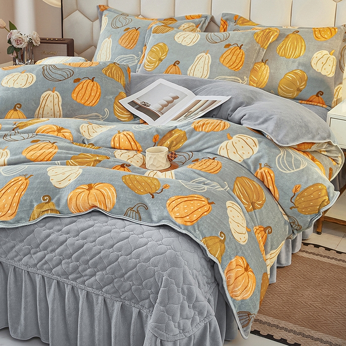 91家纺网 家纺一手货源 找家纺 栩裕纺织 2025新款高克重210克牛奶绒床盖四件套 富贵南瓜