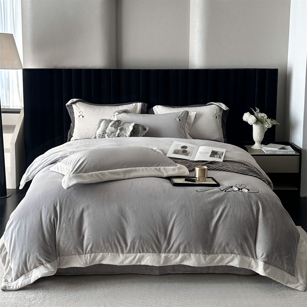 南泉坊 2025新款230克AB版牛奶绒四件套-花清影 会员-20【线上控价不低于328，券后不低于298】 花清影--灰