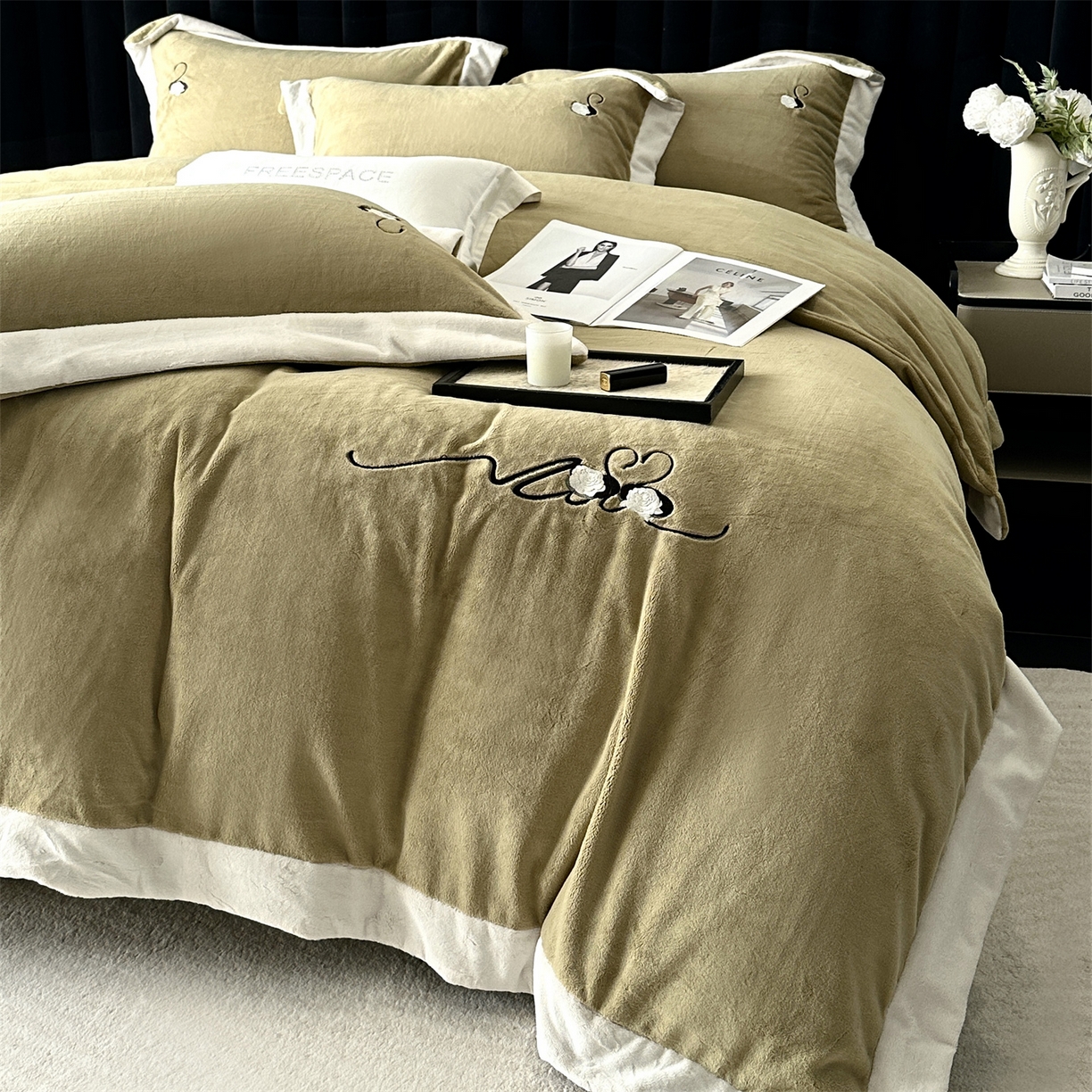 91家纺网 家纺一手货源 找家纺 南泉坊 2025新款230克AB版牛奶绒四件套-花清影 会员-20【线上控价不低于328，券后不低于298】 花清影--牛油果绿