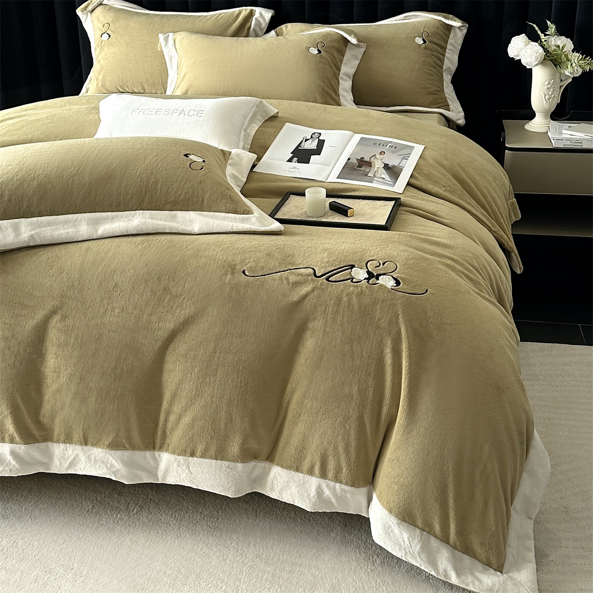 91家纺网 家纺一手货源 找家纺 南泉坊 2025新款230克AB版牛奶绒四件套-花清影 会员-20【线上控价不低于328，券后不低于298】 花清影--牛油果绿