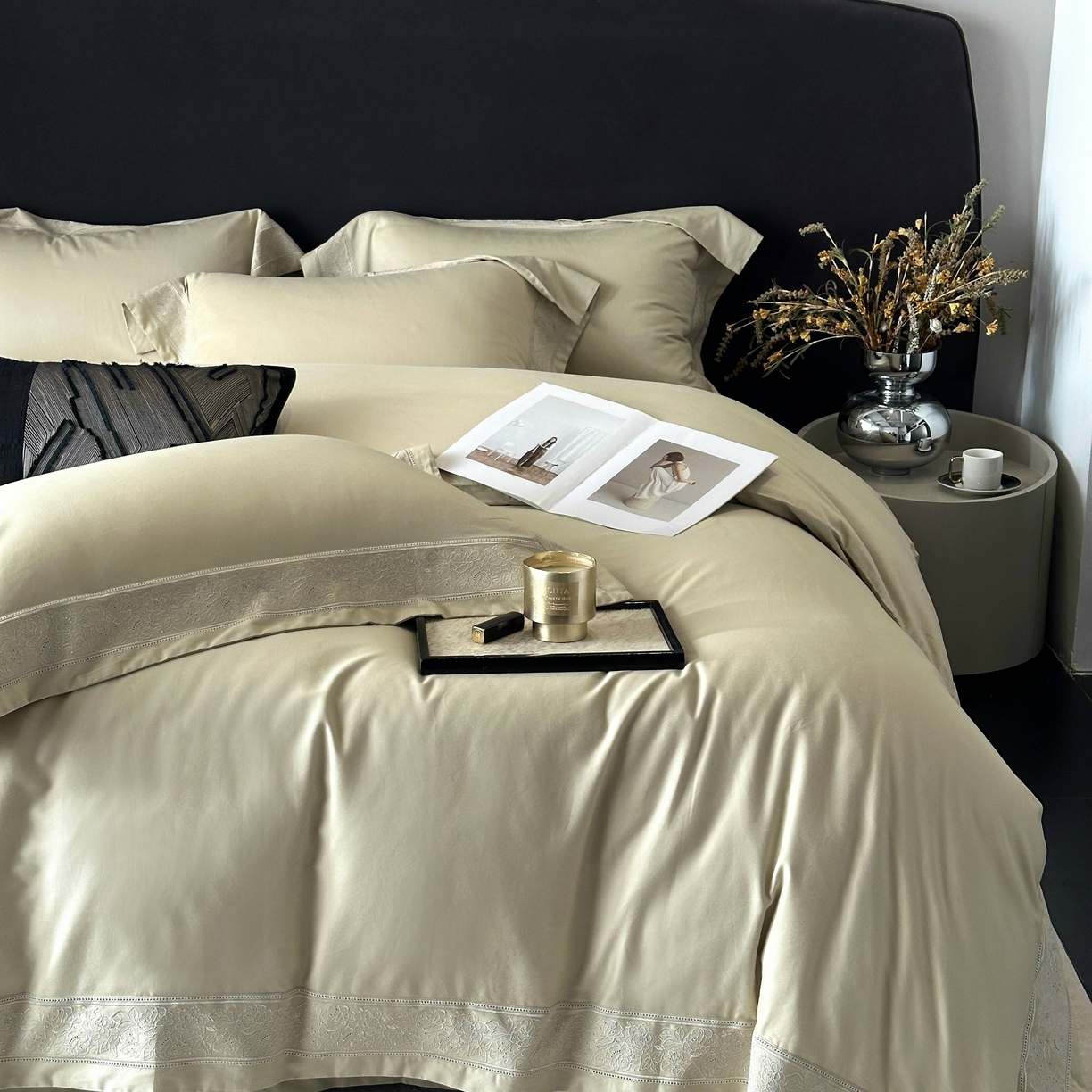 91家纺网 家纺一手货源 找家纺 （总）南泉坊 2025新款60s全棉纯棉磨毛染色镂空花边拼角四件套 会员-20【线上控价不低于398，券后不低于368】