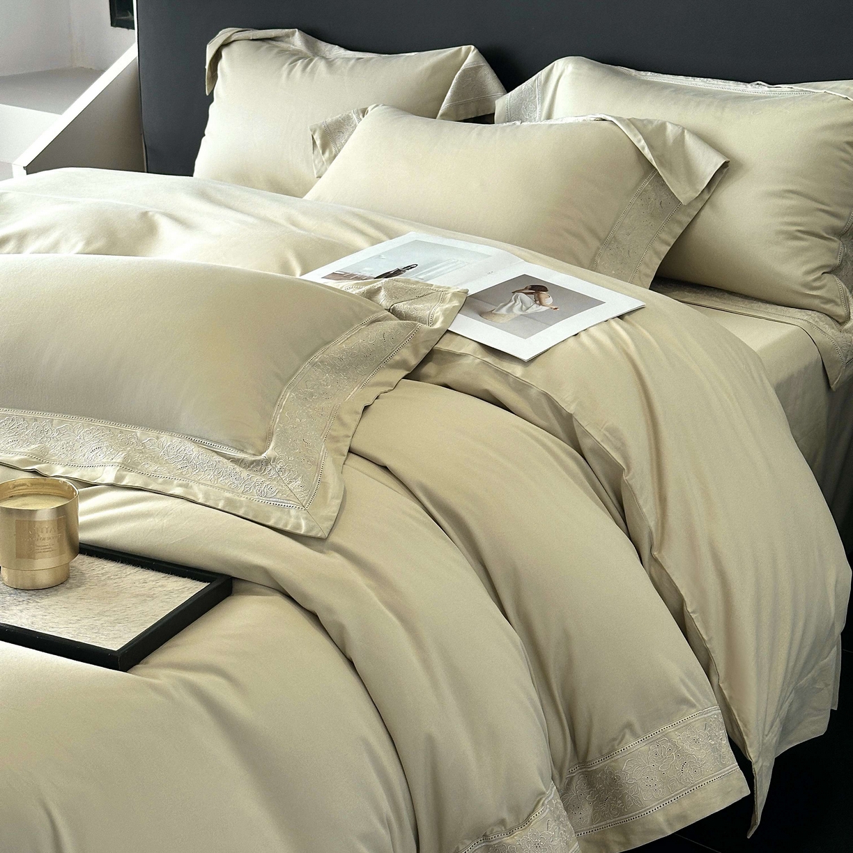 91家纺网 家纺一手货源 找家纺 南泉坊 2025新款60s全棉纯棉磨毛染色镂空花边拼角四件套 海瑟薇-浅草绿 会员-20【线上控价不低于398，券后不低于368】