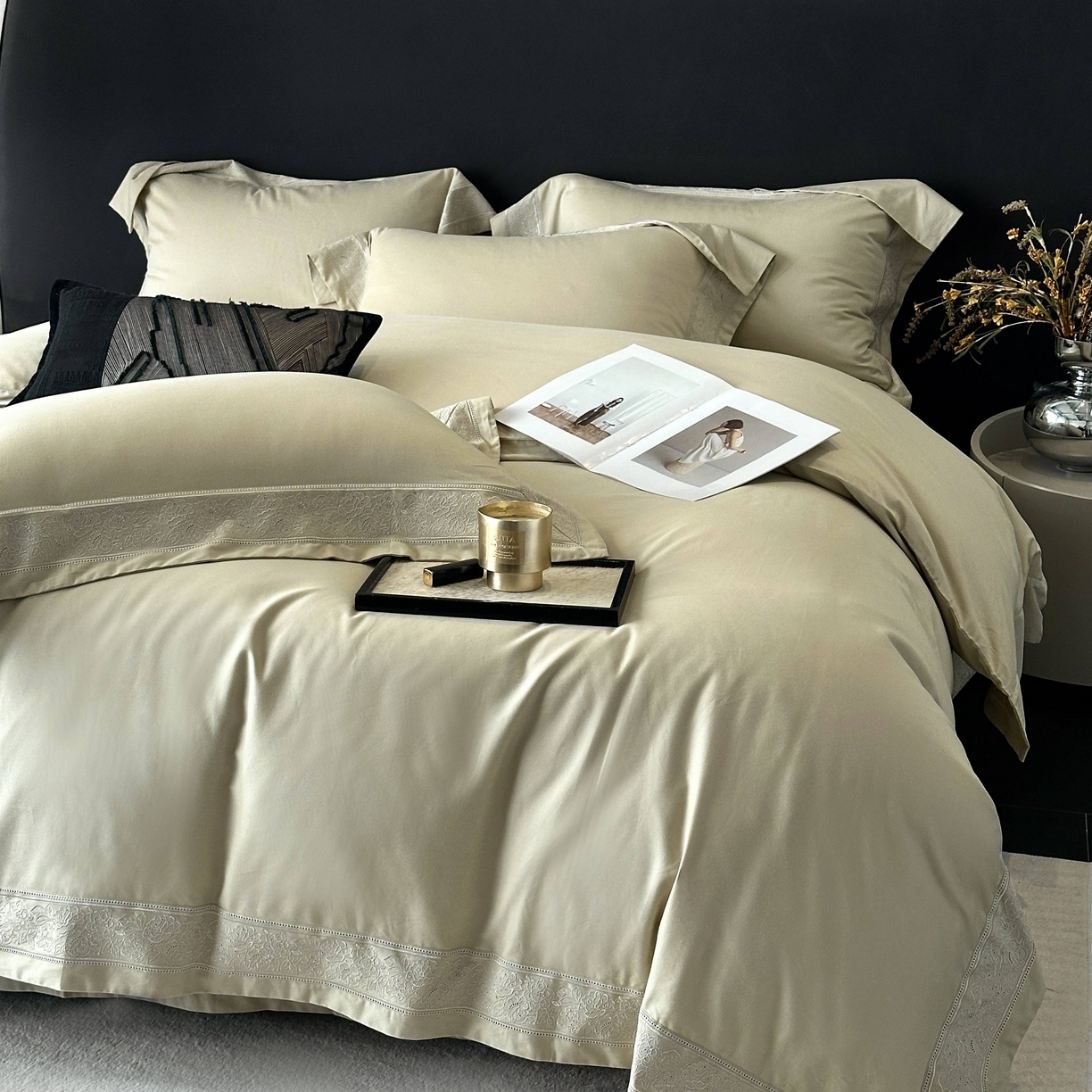 91家纺网 家纺一手货源 找家纺 南泉坊 2025新款60s全棉纯棉磨毛染色镂空花边拼角四件套 海瑟薇-浅草绿 会员-20【线上控价不低于398，券后不低于368】