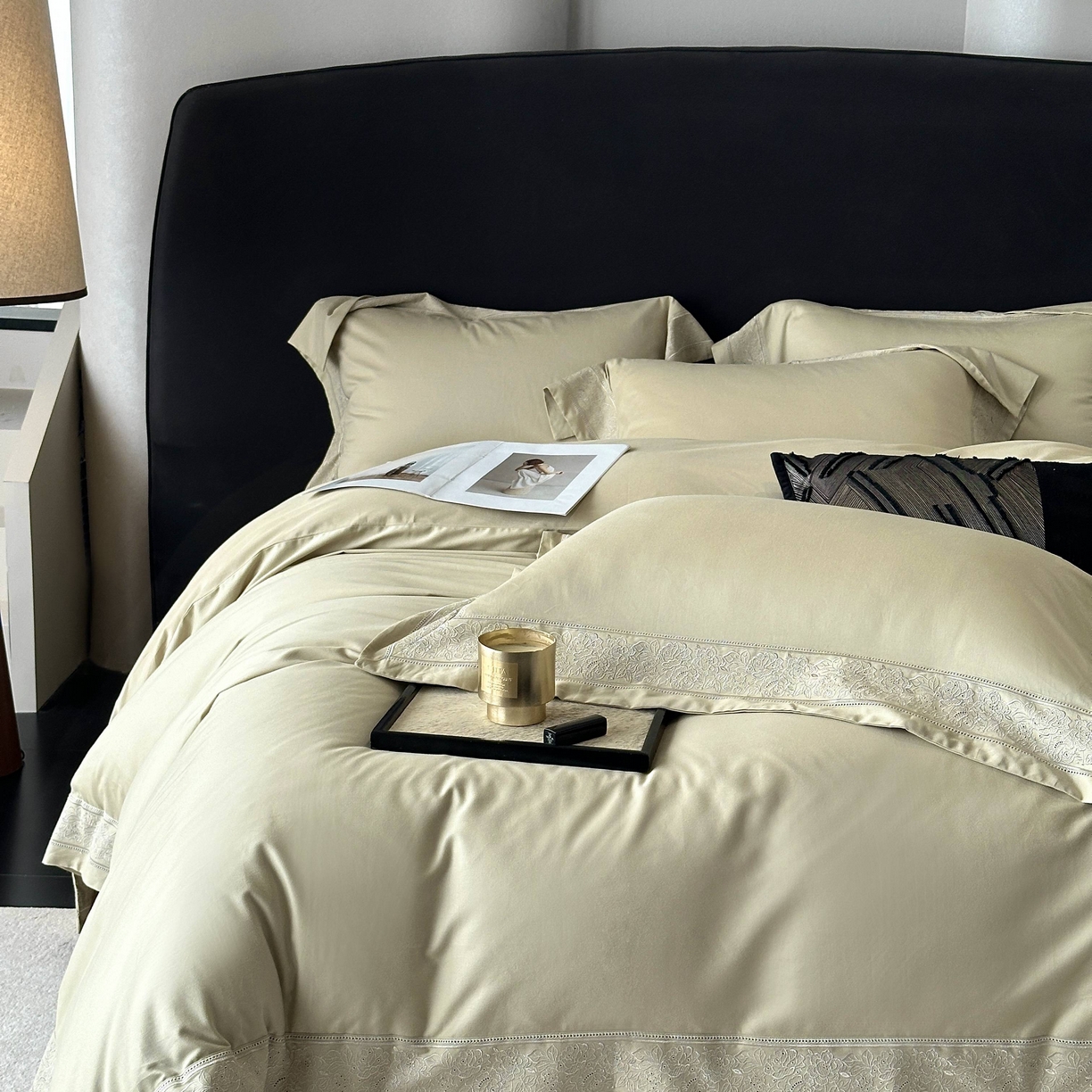 91家纺网 家纺一手货源 找家纺 南泉坊 2025新款60s全棉纯棉磨毛染色镂空花边拼角四件套 海瑟薇-浅草绿 会员-20【线上控价不低于398，券后不低于368】