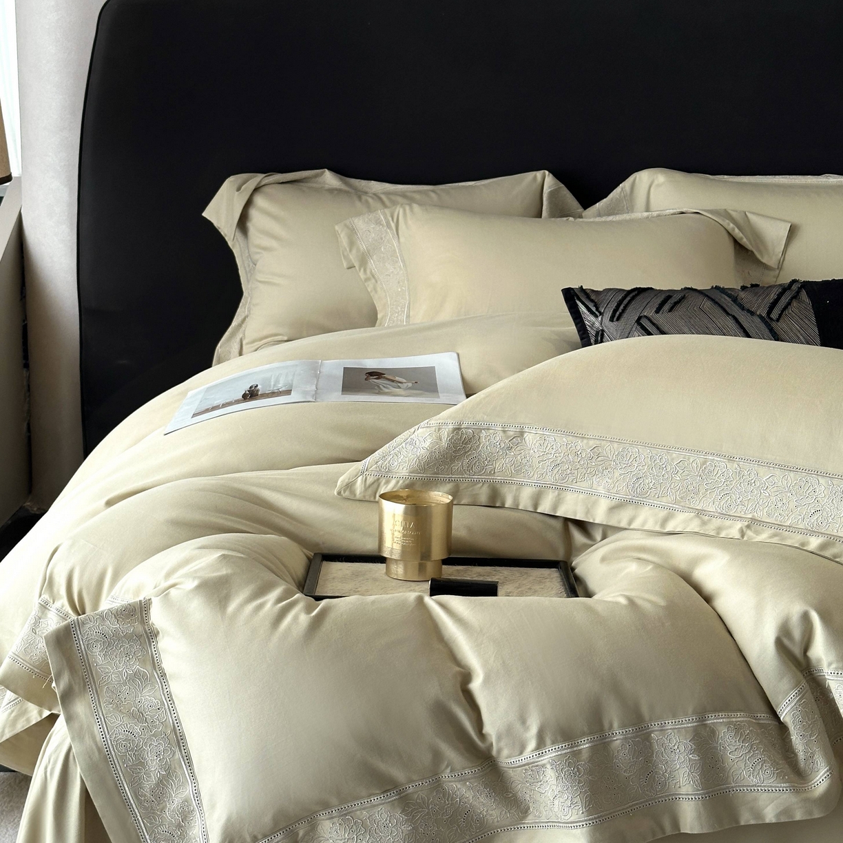 91家纺网 家纺一手货源 找家纺 南泉坊 2025新款60s全棉纯棉磨毛染色镂空花边拼角四件套 海瑟薇-浅草绿 会员-20【线上控价不低于398，券后不低于368】