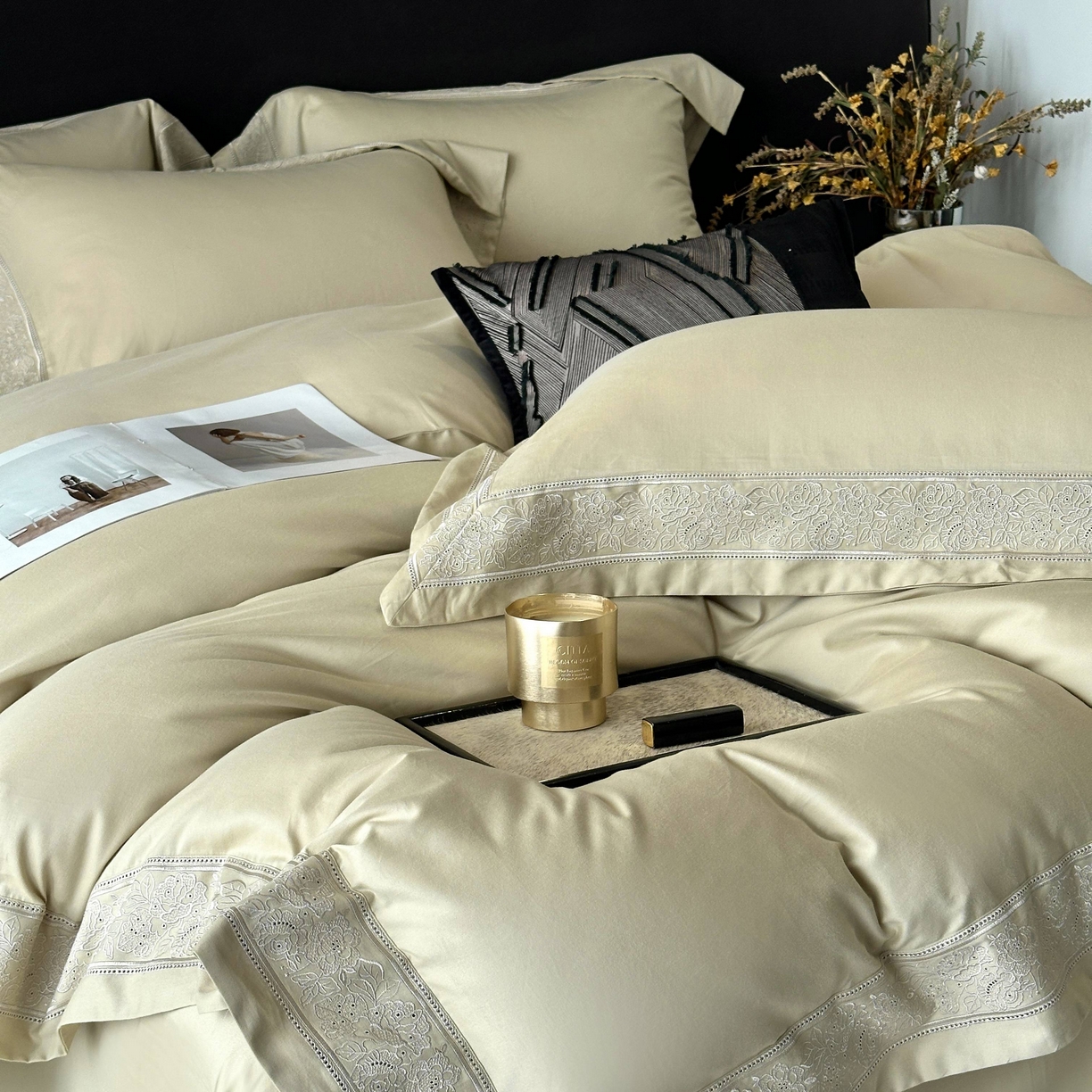 91家纺网 家纺一手货源 找家纺 南泉坊 2025新款60s全棉纯棉磨毛染色镂空花边拼角四件套 海瑟薇-浅草绿 会员-20【线上控价不低于398，券后不低于368】