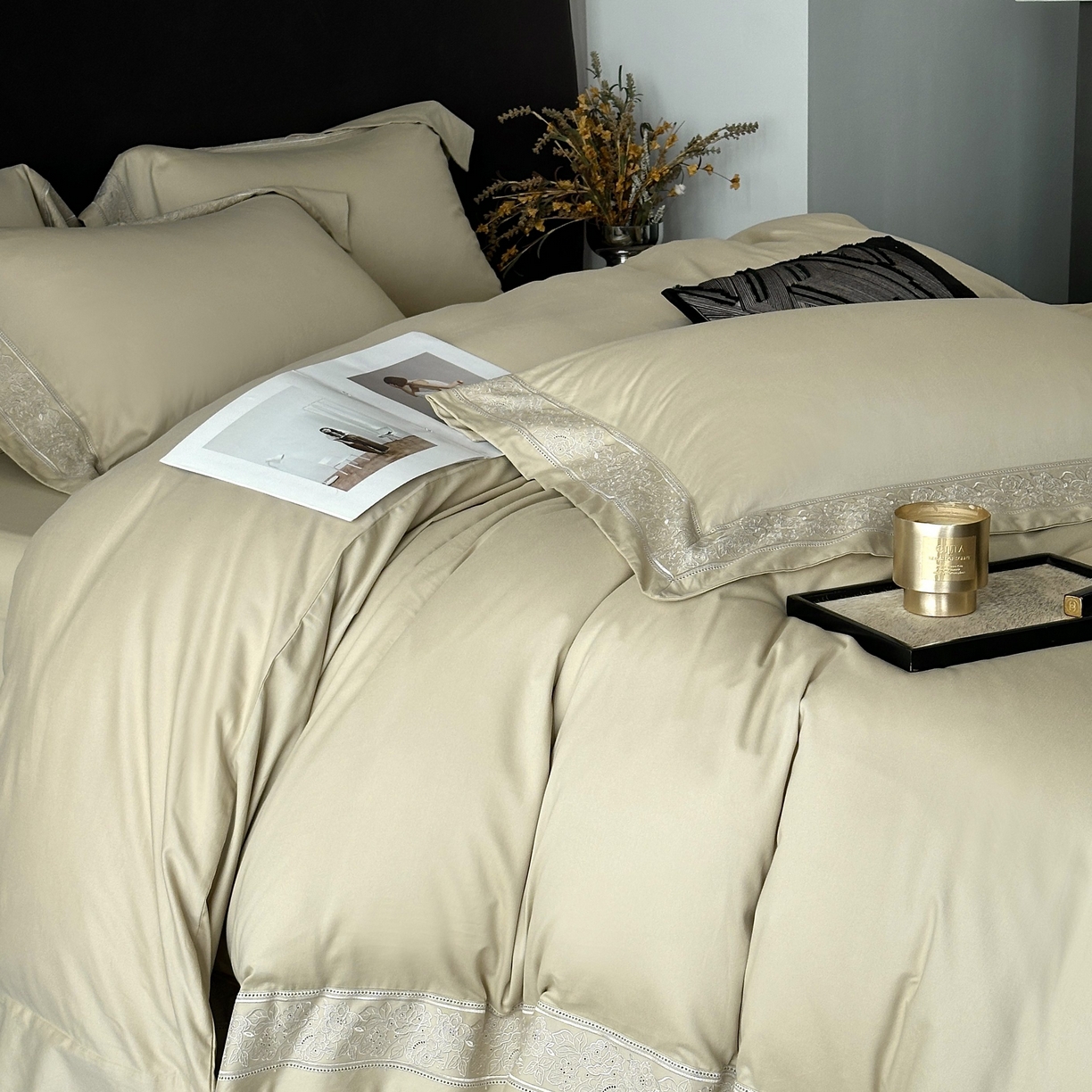 91家纺网 家纺一手货源 找家纺 南泉坊 2025新款60s全棉纯棉磨毛染色镂空花边拼角四件套 海瑟薇-浅草绿 会员-20【线上控价不低于398，券后不低于368】