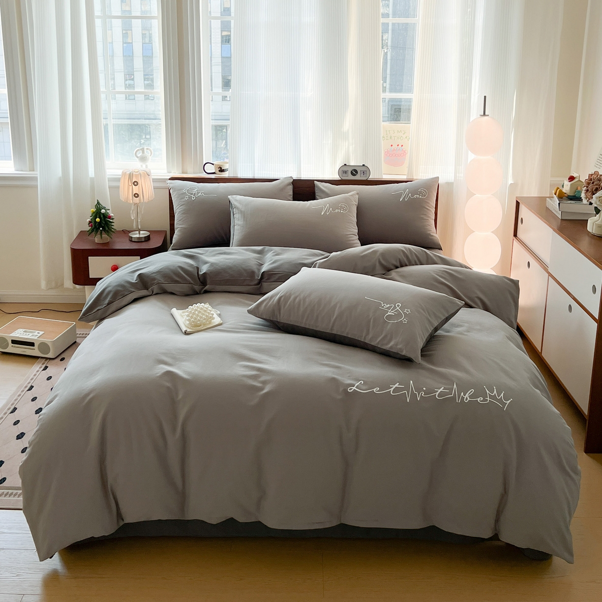 91家纺网 家纺一手货源 找家纺 （总）有点武功 2025冬季新款百分百全棉磨毛纯色双拼刺绣四件套小清新风