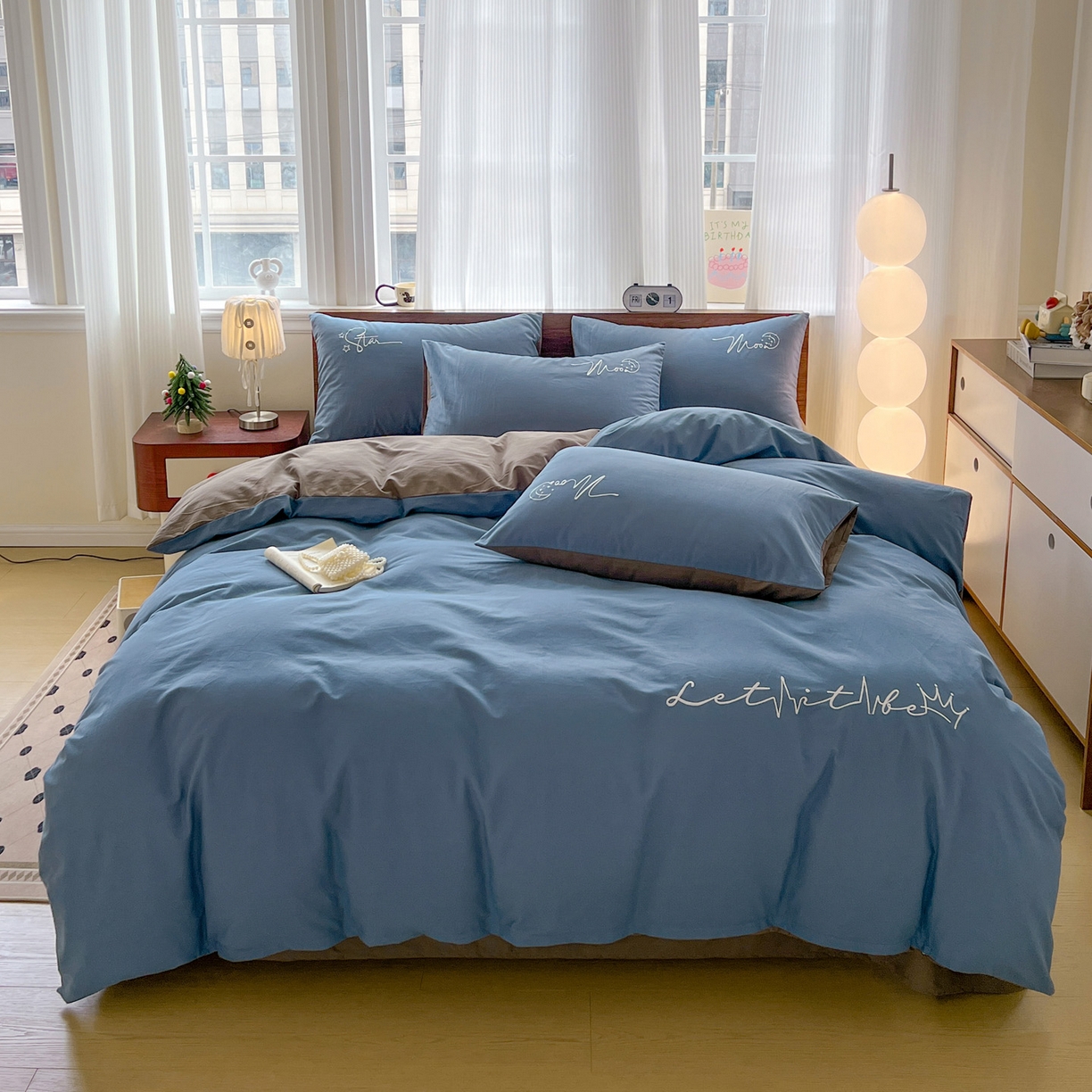 91家纺网 家纺一手货源 找家纺 （总）有点武功 2025冬季新款百分百全棉磨毛纯色双拼刺绣四件套小清新风