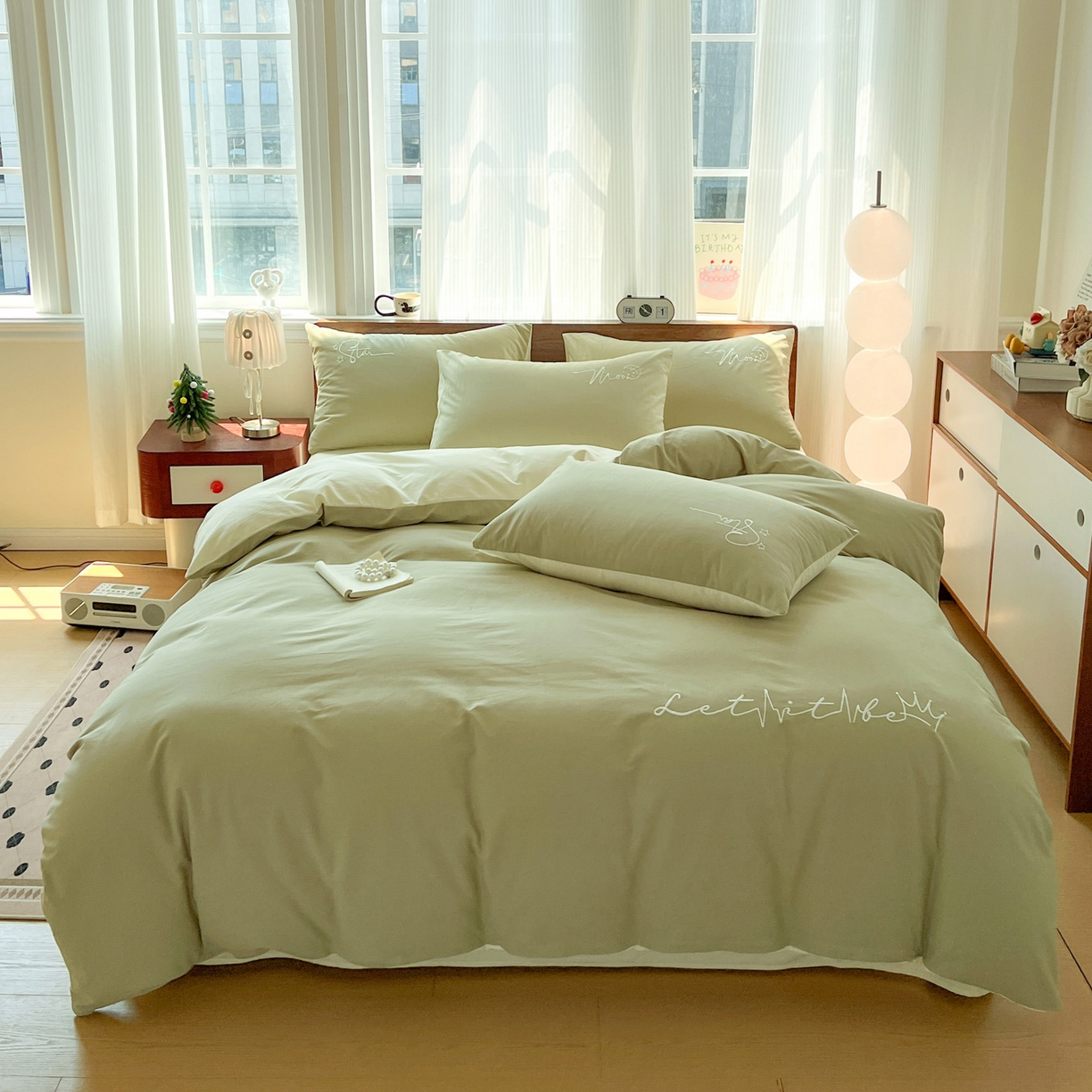 有点武功 2025冬季新款百分百全棉磨毛纯色双拼刺绣四件套小清新风 果绿黄