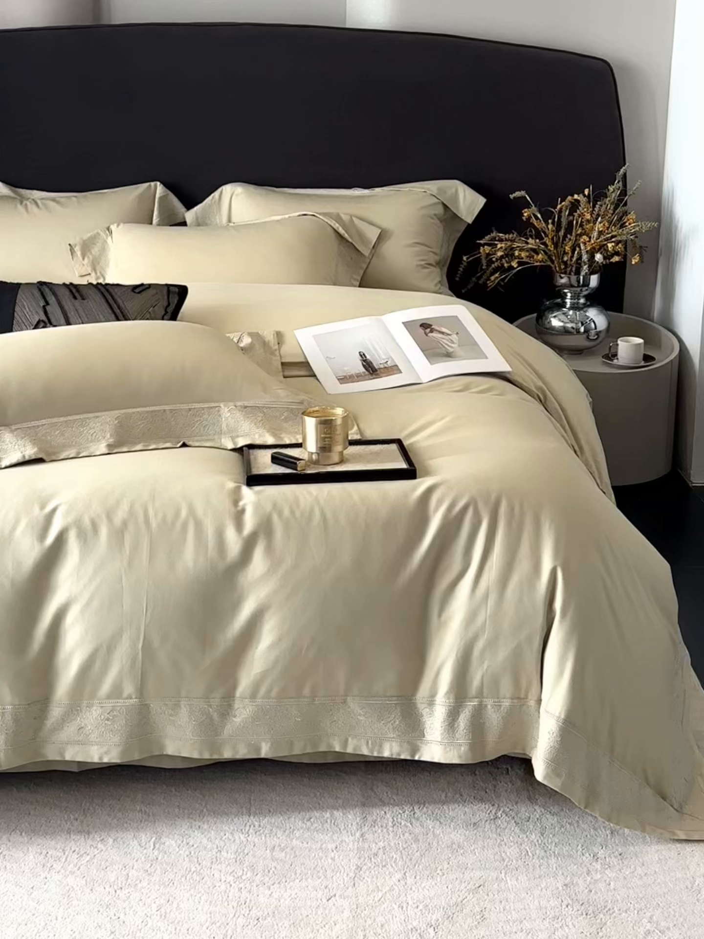 91家纺网 家纺一手货源 找家纺 南泉坊 2025新款60s全棉纯棉磨毛染色镂空花边拼角四件套 海瑟薇-浅草绿 会员-20【线上控价不低于398，券后不低于368】