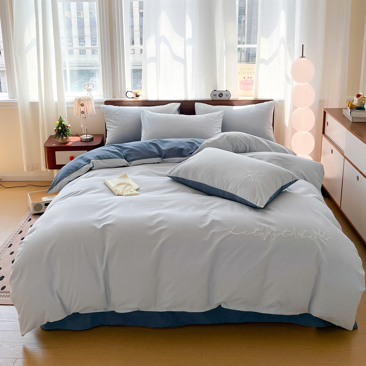 有点武功 2025冬季新款百分百全棉磨毛纯色双拼刺绣四件套小清新风 浅蓝青