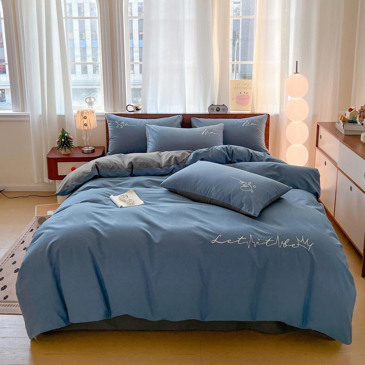 有点武功 2025冬季新款百分百全棉磨毛纯色双拼刺绣四件套小清新风 深蓝灰