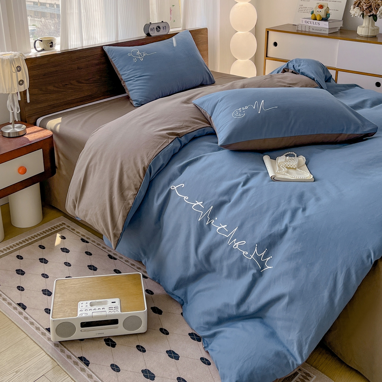 有点武功 2025冬季新款百分百全棉磨毛纯色双拼刺绣四件套小清新风 深蓝咖