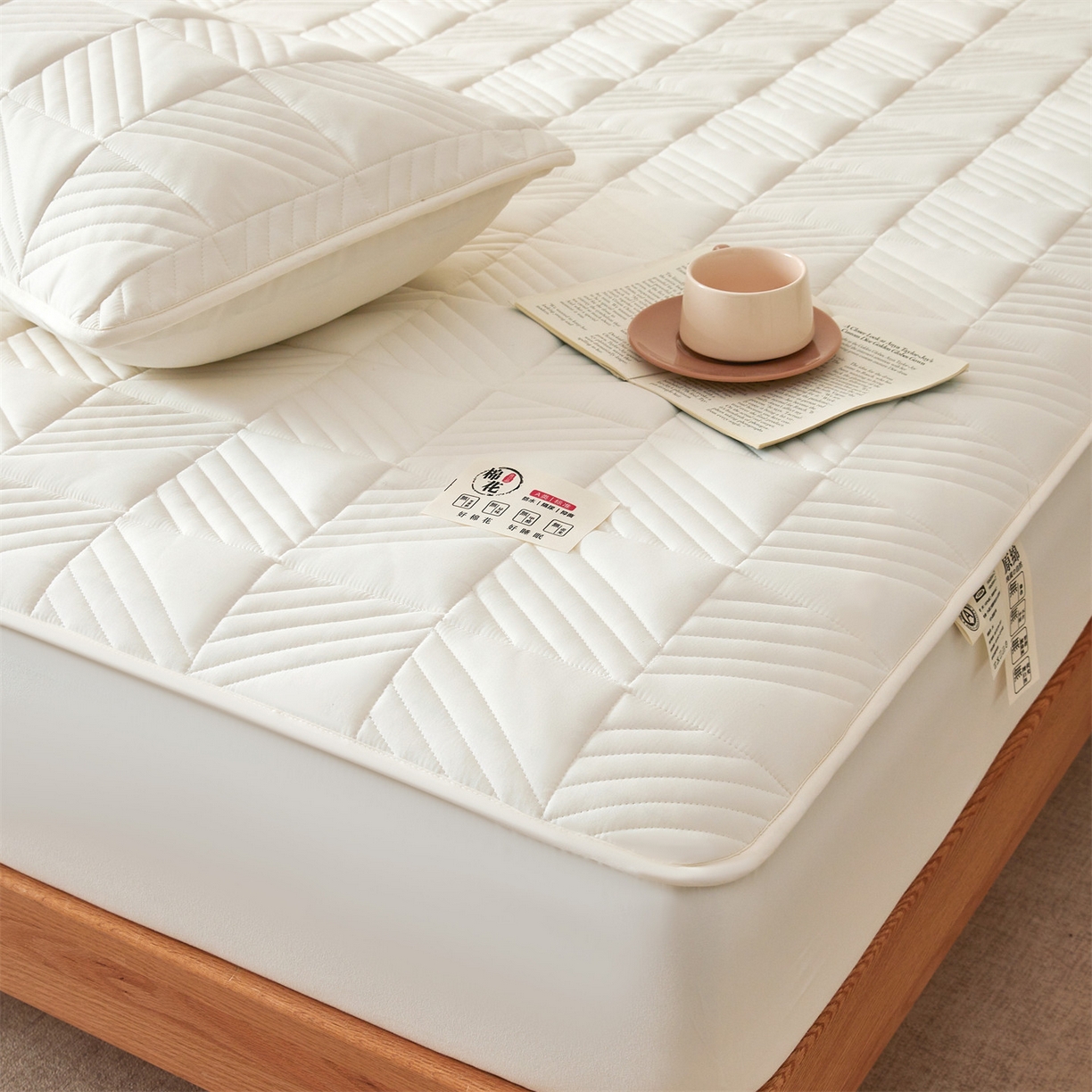 91家纺网 家纺一手货源 找家纺 居眠 2025新款木叙棉花夹棉防水床笠 木叙-白