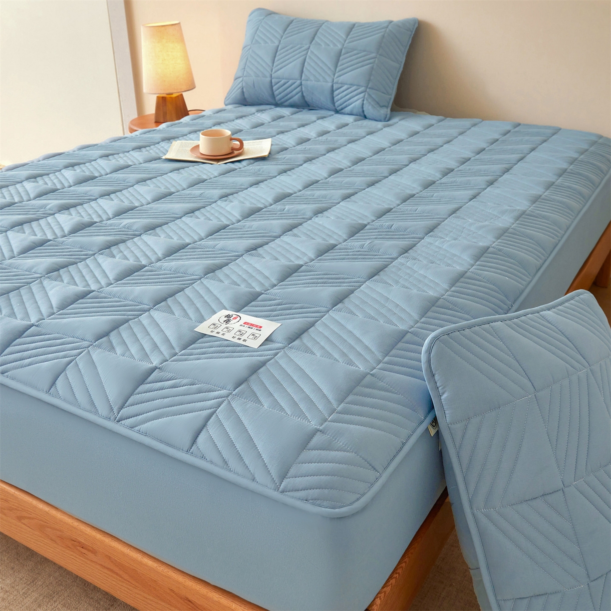 91家纺网 家纺一手货源 找家纺 居眠 2025新款木叙棉花夹棉防水床笠 木叙-蓝