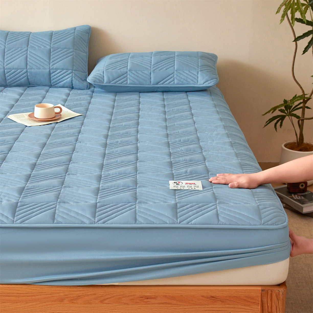 91家纺网 家纺一手货源 找家纺 居眠 2025新款木叙棉花夹棉防水床笠 木叙-蓝