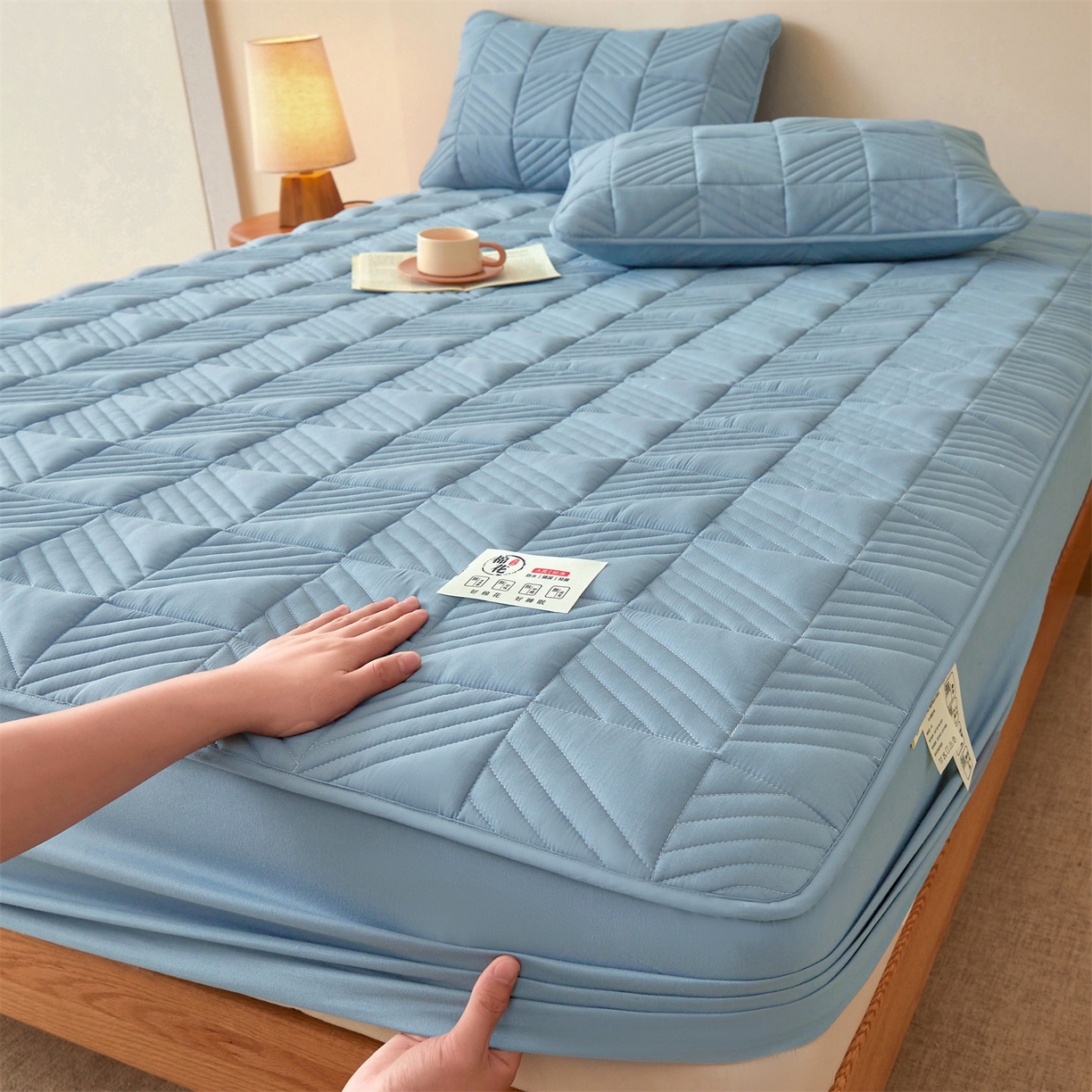 91家纺网 家纺一手货源 找家纺 居眠 2025新款木叙棉花夹棉防水床笠 木叙-蓝