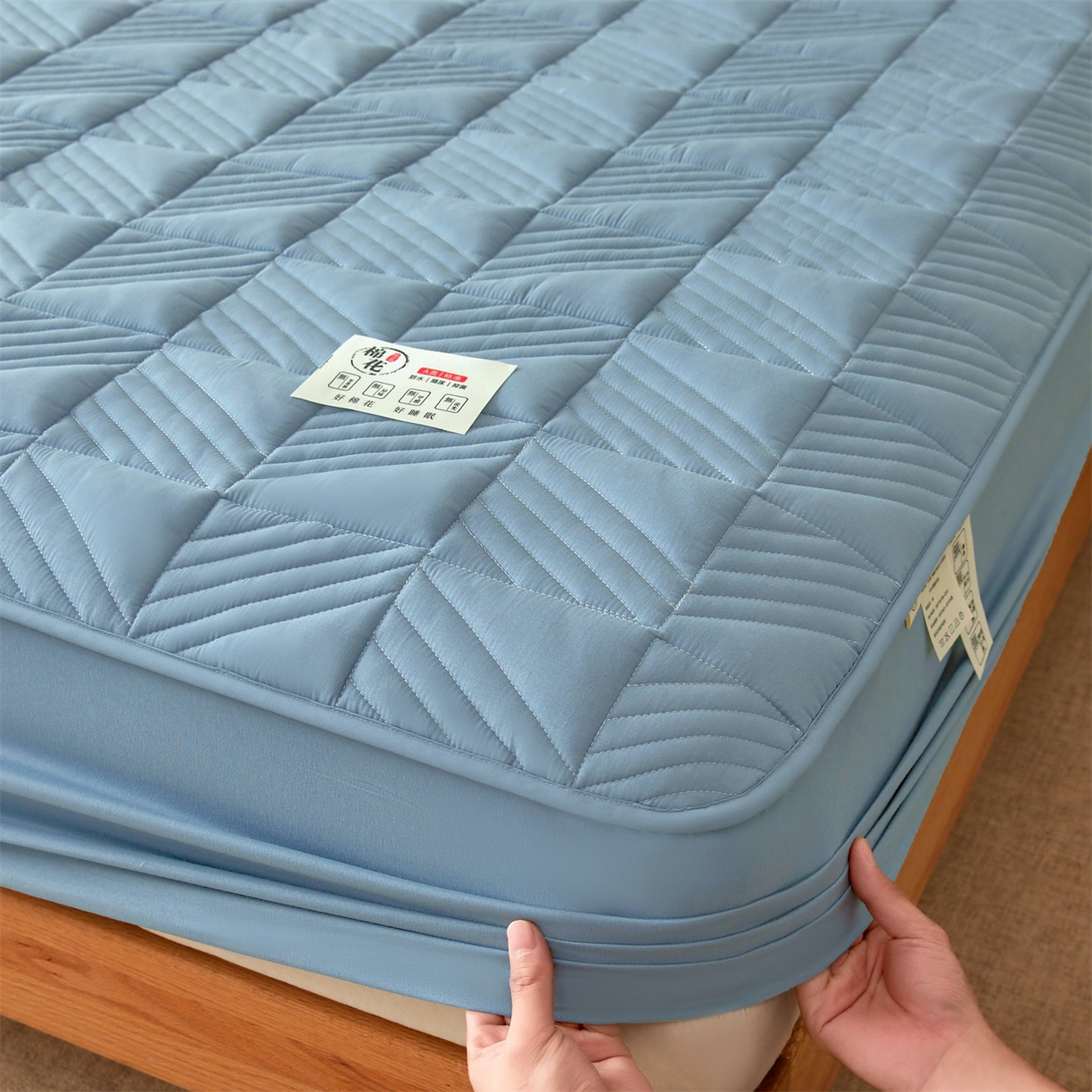 91家纺网 家纺一手货源 找家纺 居眠 2025新款木叙棉花夹棉防水床笠 木叙-蓝