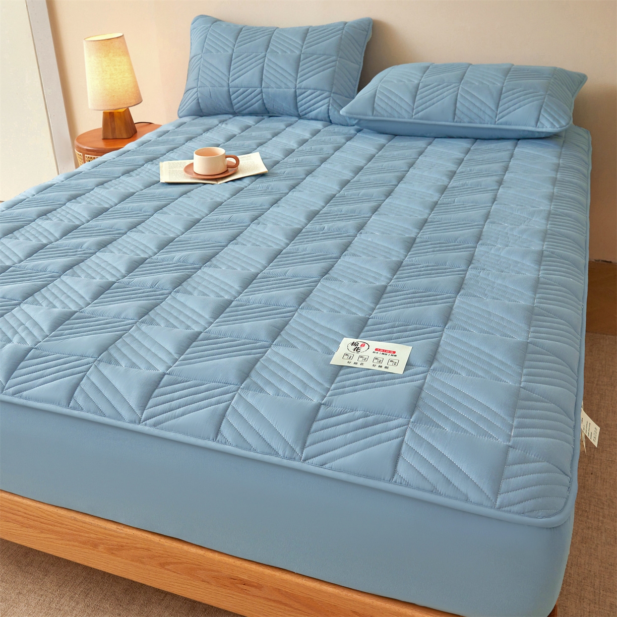 91家纺网 家纺一手货源 找家纺 居眠 2025新款木叙棉花夹棉防水床笠 木叙-蓝