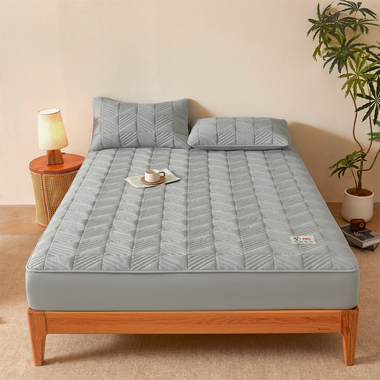 91家纺网 家纺一手货源 找家纺 居眠 2025新款木叙棉花夹棉防水床笠 木叙-灰