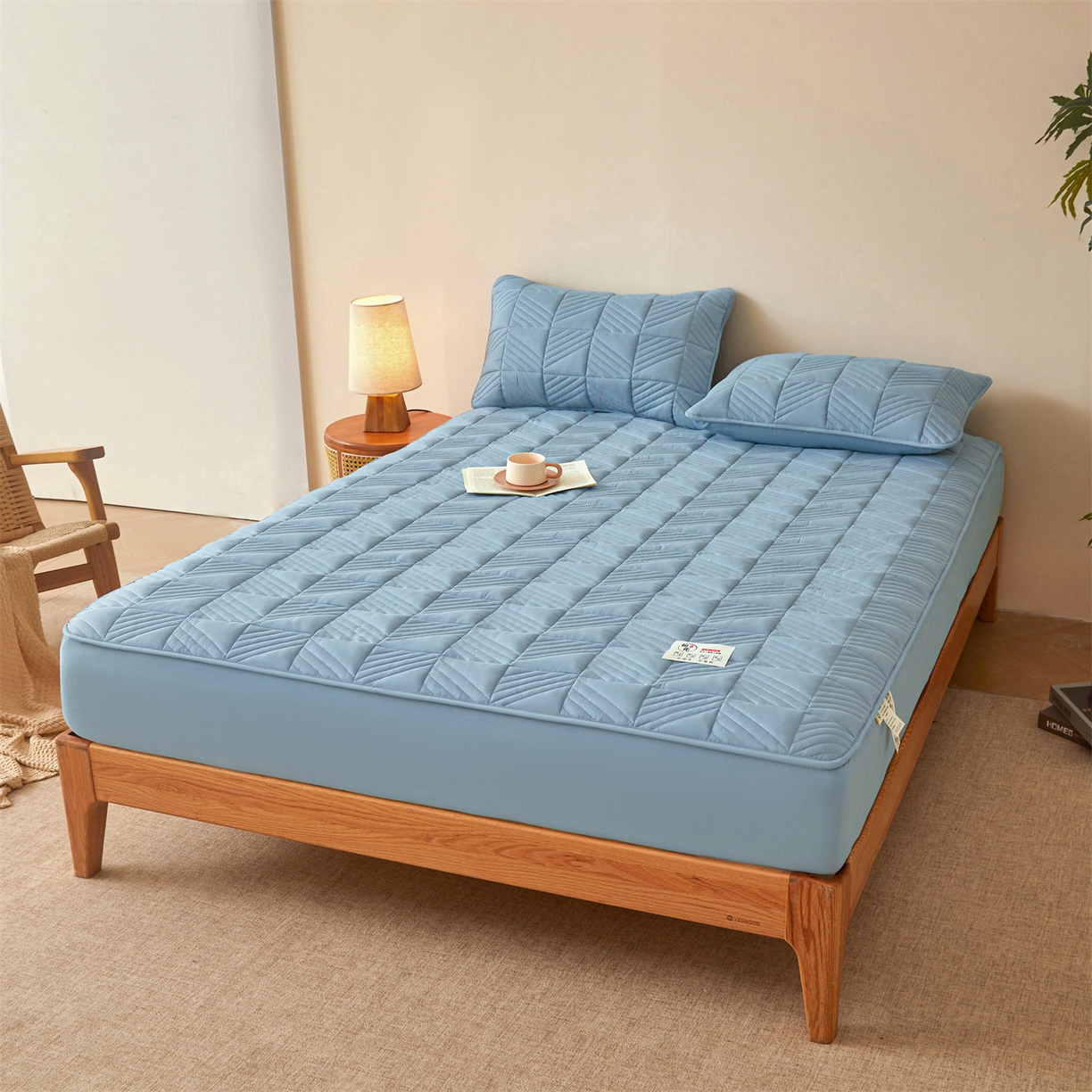 91家纺网 家纺一手货源 找家纺 居眠 2025新款木叙棉花夹棉防水床笠 木叙-蓝