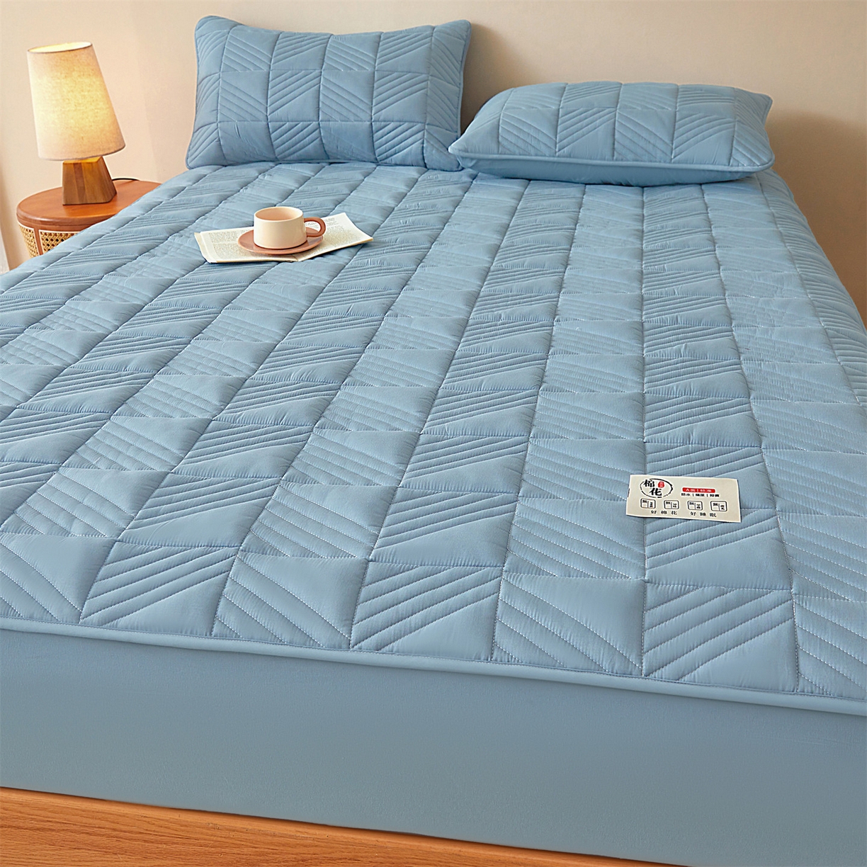 91家纺网 家纺一手货源 找家纺 居眠 2025新款木叙棉花夹棉防水床笠 木叙-蓝