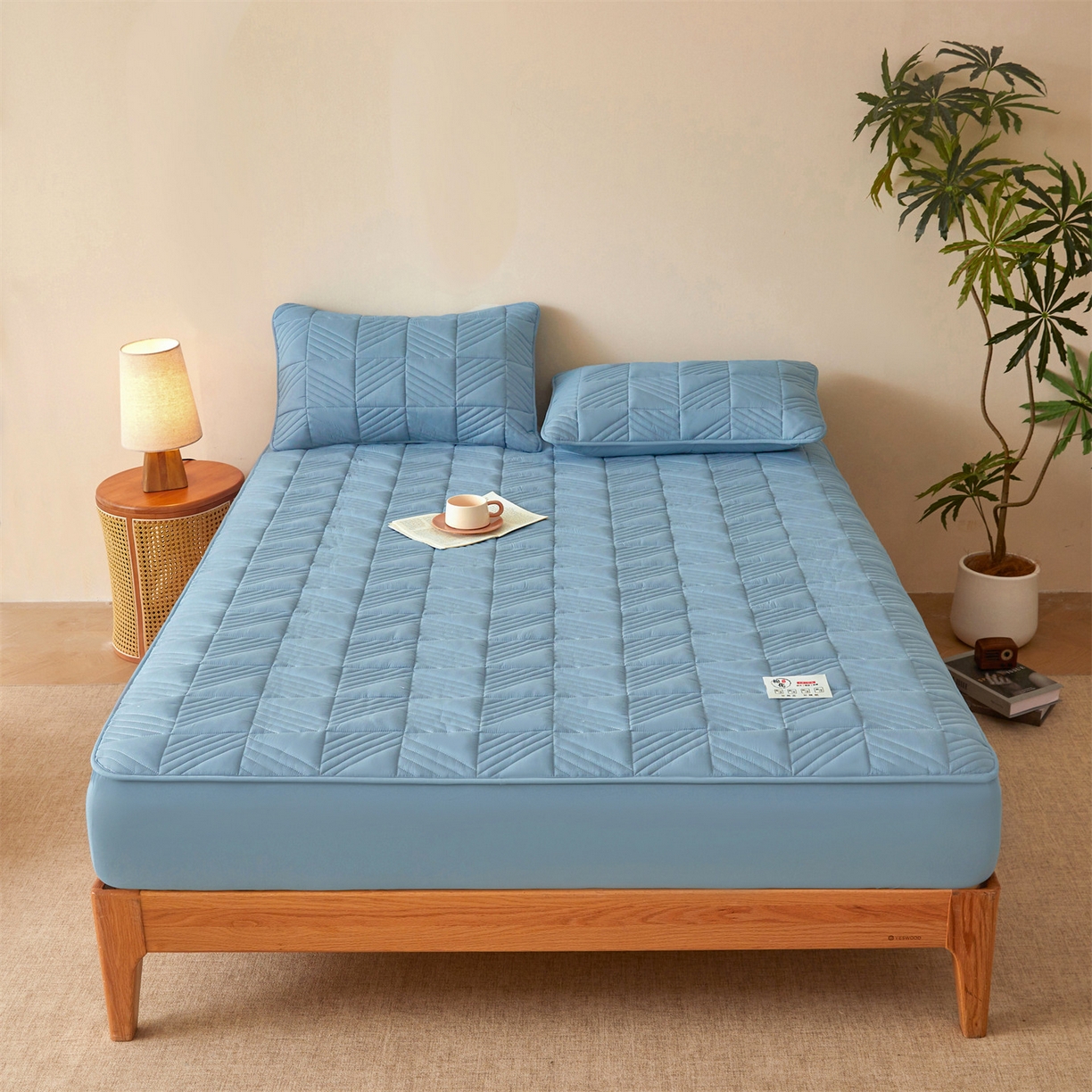 91家纺网 家纺一手货源 找家纺 居眠 2025新款木叙棉花夹棉防水床笠 木叙-蓝