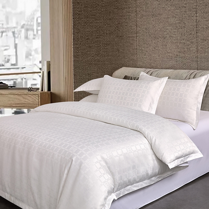 91家纺网 家纺一手货源 找家纺 罗菲尼酒店用品 2025新款AB版加厚磨毛提花酒店套件 方格白