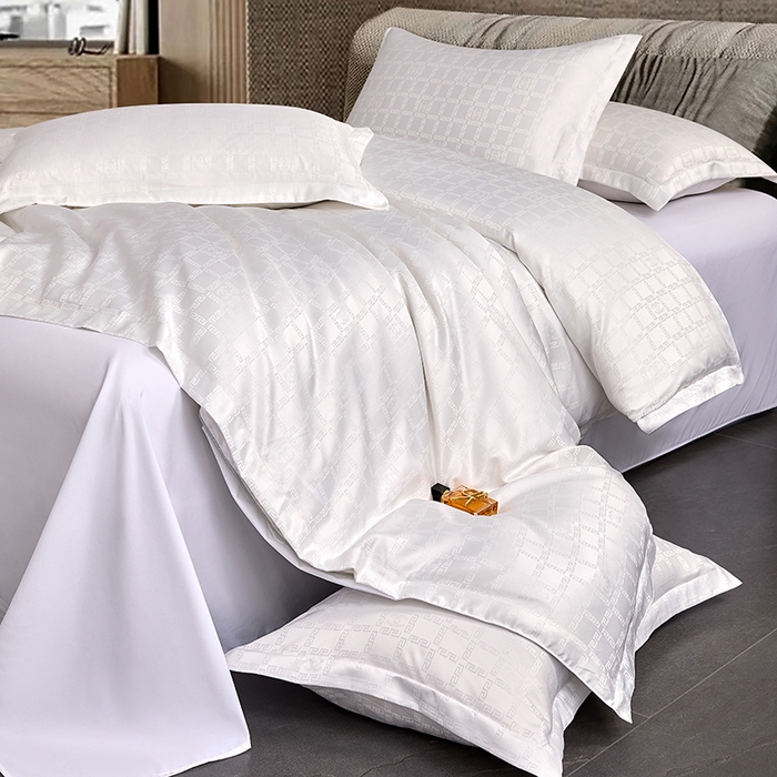 91家纺网 家纺一手货源 找家纺 罗菲尼酒店用品 2025新款AB版加厚磨毛提花酒店套件 方格白