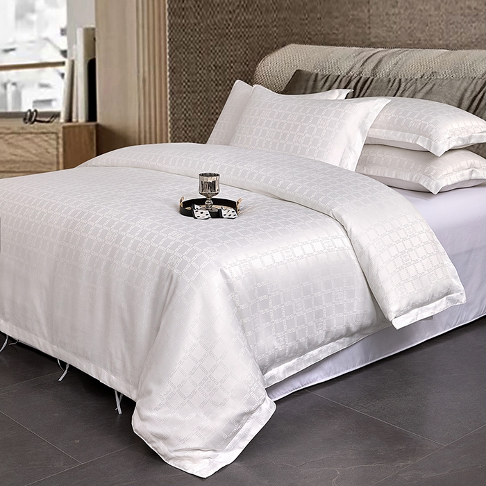 91家纺网 家纺一手货源 找家纺 罗菲尼酒店用品 2025新款AB版加厚磨毛提花酒店套件 方格白