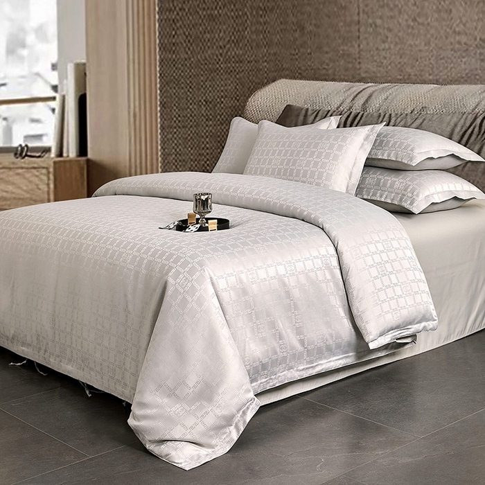 91家纺网 家纺一手货源 找家纺 罗菲尼酒店用品 2025新款AB版加厚磨毛提花酒店套件 方格  浅灰