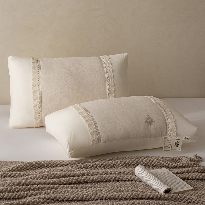 91家纺网 家纺一手货源 找家纺 昕科 2025新款白云织梦亚麻枕-棉麻高低枕芯花边亚麻刺绣枕头枕头枕芯 白云织梦亚麻-高枕