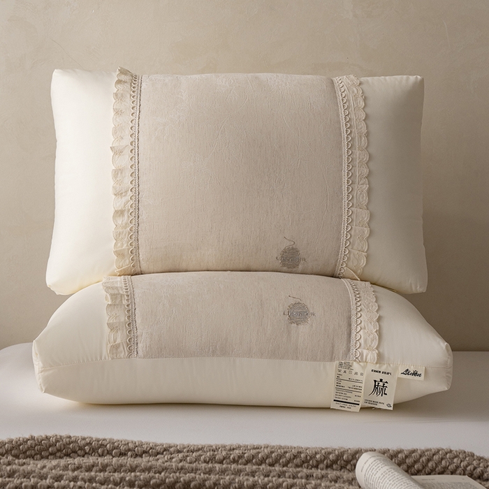 91家纺网 家纺一手货源 找家纺 昕科 2025新款白云织梦亚麻枕-棉麻高低枕芯花边亚麻刺绣枕头枕头枕芯 白云织梦亚麻-高枕