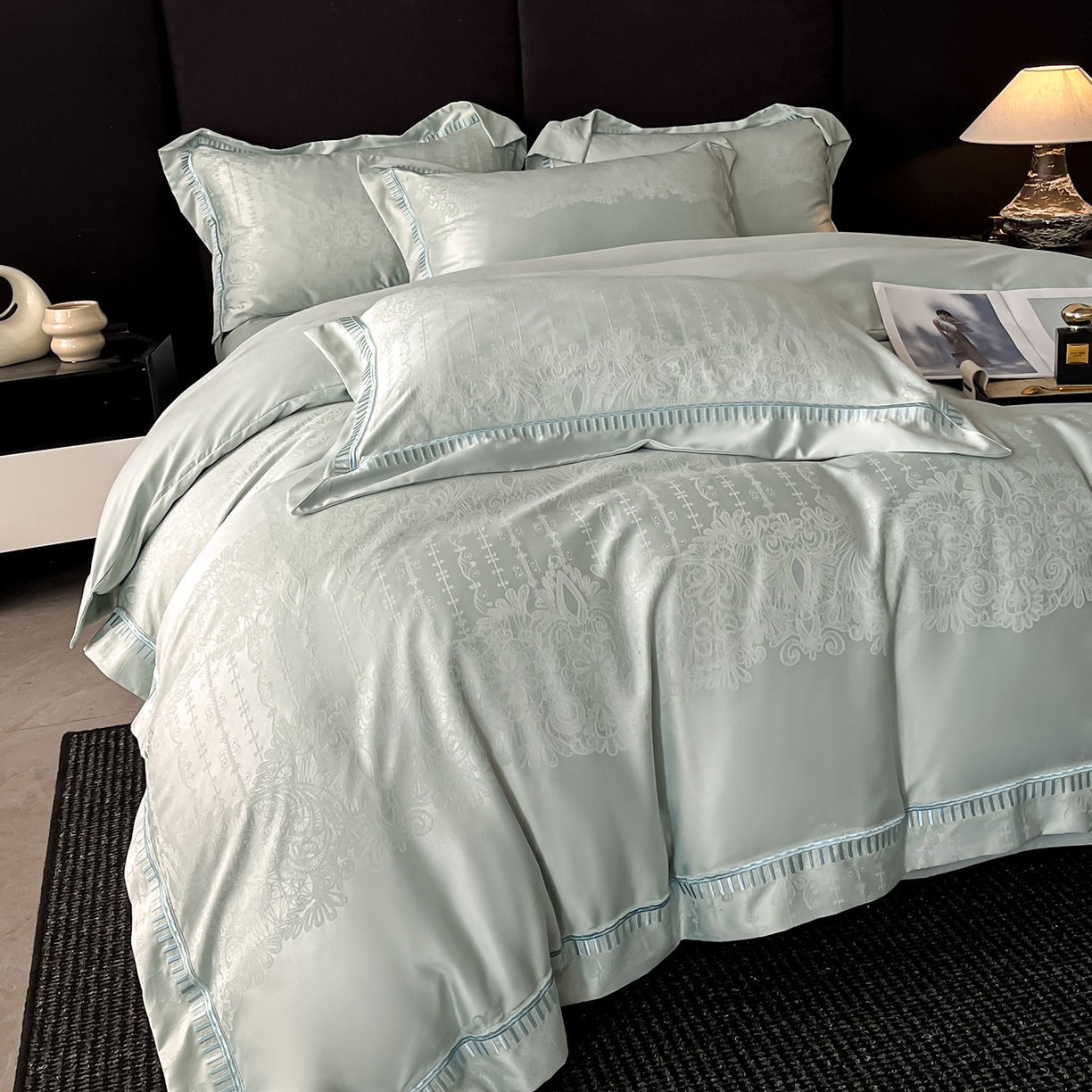 91家纺网 家纺一手货源 找家纺 置顶家纺 2025新款亲肤提花系列四件套-蒂芙尼 蒂芙尼-水蓝