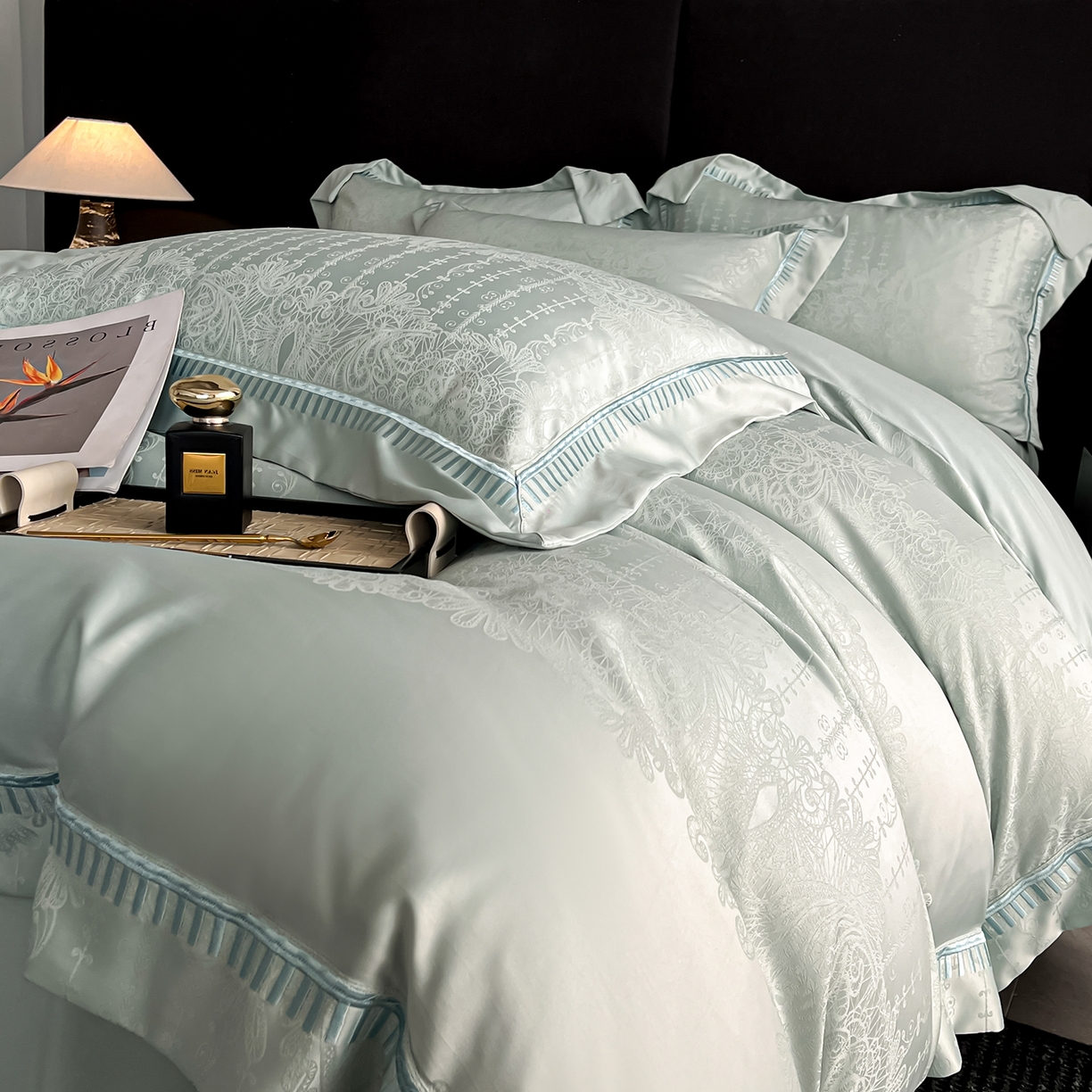 91家纺网 家纺一手货源 找家纺 置顶家纺 2025新款亲肤提花系列四件套-蒂芙尼 蒂芙尼-水蓝