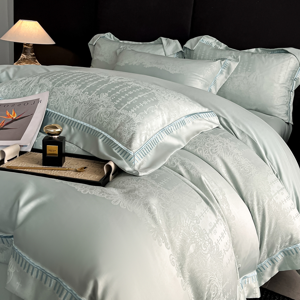 91家纺网 家纺一手货源 找家纺 置顶家纺 2025新款亲肤提花系列四件套-蒂芙尼 蒂芙尼-水蓝