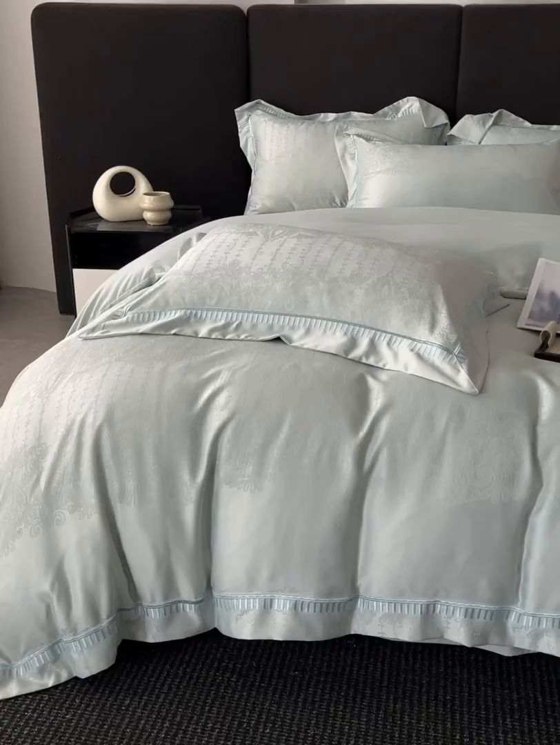 91家纺网 家纺一手货源 找家纺 置顶家纺 2025新款亲肤提花系列四件套-蒂芙尼 蒂芙尼-水蓝