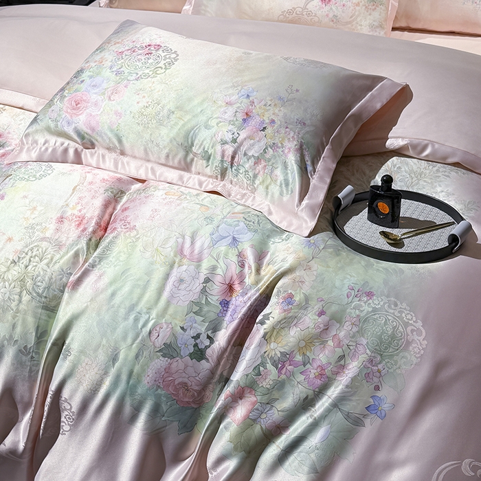 91家纺网 家纺一手货源 找家纺 七夜居 2025新款直播爆款欧式大阪轻奢贡缎提花加数码印花磨毛四件套 梦幻波尔多-粉