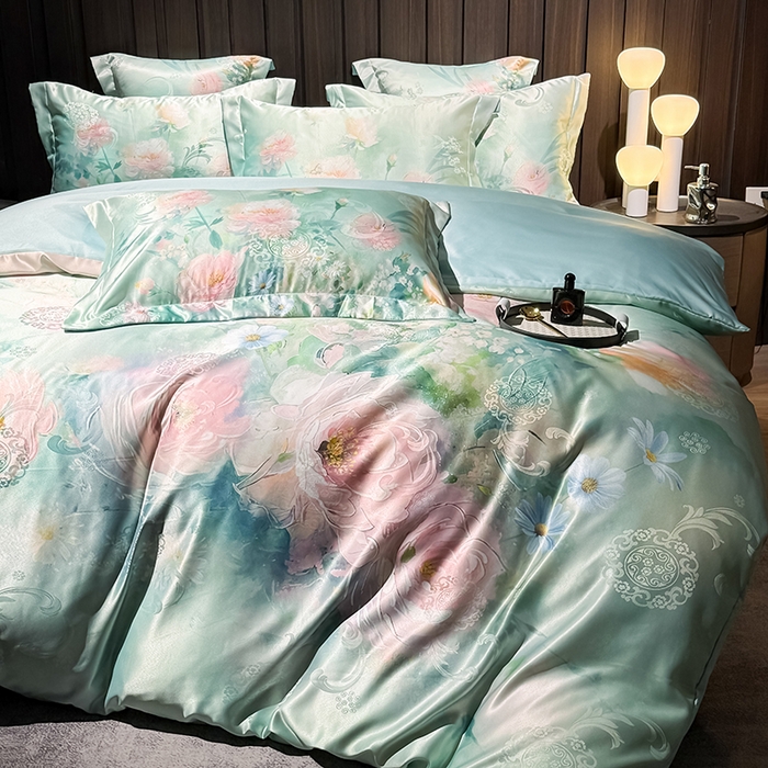 91家纺网 家纺一手货源 找家纺 七夜居 2025新款直播爆款欧式大阪轻奢贡缎提花加数码印花磨毛四件套 清雅入梦