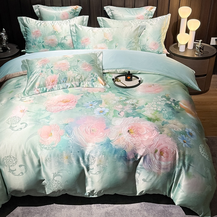 91家纺网 家纺一手货源 找家纺 七夜居 2025新款直播爆款欧式大阪轻奢贡缎提花加数码印花磨毛四件套 清雅入梦