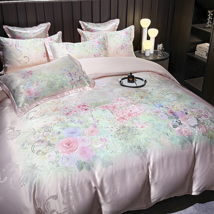 91家纺网 家纺一手货源 找家纺 七夜居 2025新款直播爆款欧式大阪轻奢贡缎提花加数码印花磨毛四件套 梦幻波尔多-粉