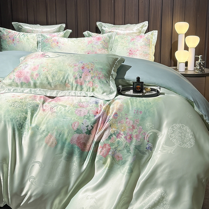 91家纺网 家纺一手货源 找家纺 七夜居 2025新款直播爆款欧式大阪轻奢贡缎提花加数码印花磨毛四件套 梦幻波尔多-绿