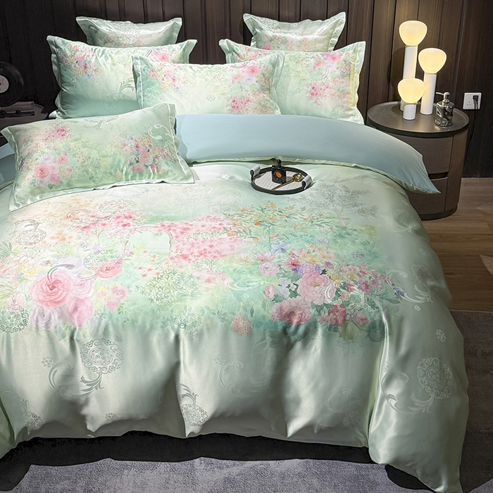 91家纺网 家纺一手货源 找家纺 七夜居 2025新款直播爆款欧式大阪轻奢贡缎提花加数码印花磨毛四件套 梦幻波尔多-绿