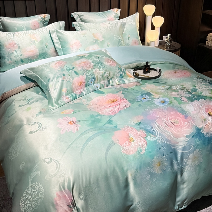 91家纺网 家纺一手货源 找家纺 七夜居 2025新款直播爆款欧式大阪轻奢贡缎提花加数码印花磨毛四件套 清雅入梦