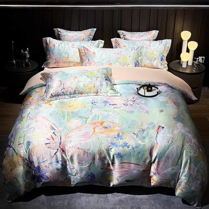 七夜居 2025新款直播爆款欧式大阪轻奢贡缎提花加数码印花磨毛四件套 繁花蝶舞